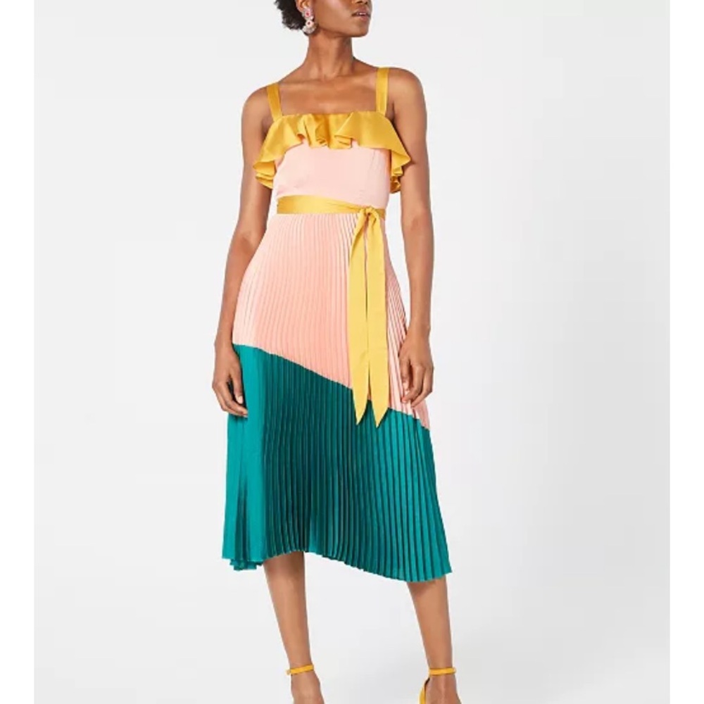 Avec Les Filles pleated colorblock dress turquoise teal pink gold size 6